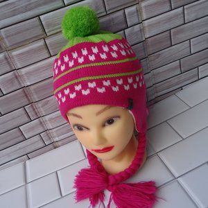 SIZE M. The North Face knit beanie hat with pom and tasseled braids details.